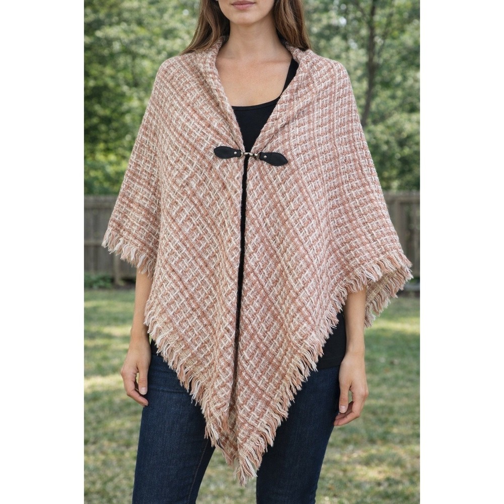 Vince Camuto Pink Tweed Poncho Cape Fringe Toggle Woven Shawl One Size
